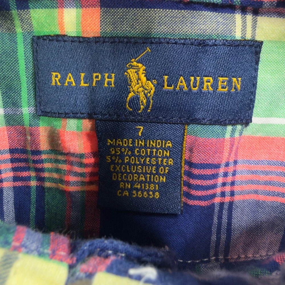 Ralph Lauren Boys Size 7 Plaid Short Sleeve Button Down Shirt‎ Navy Green Orange